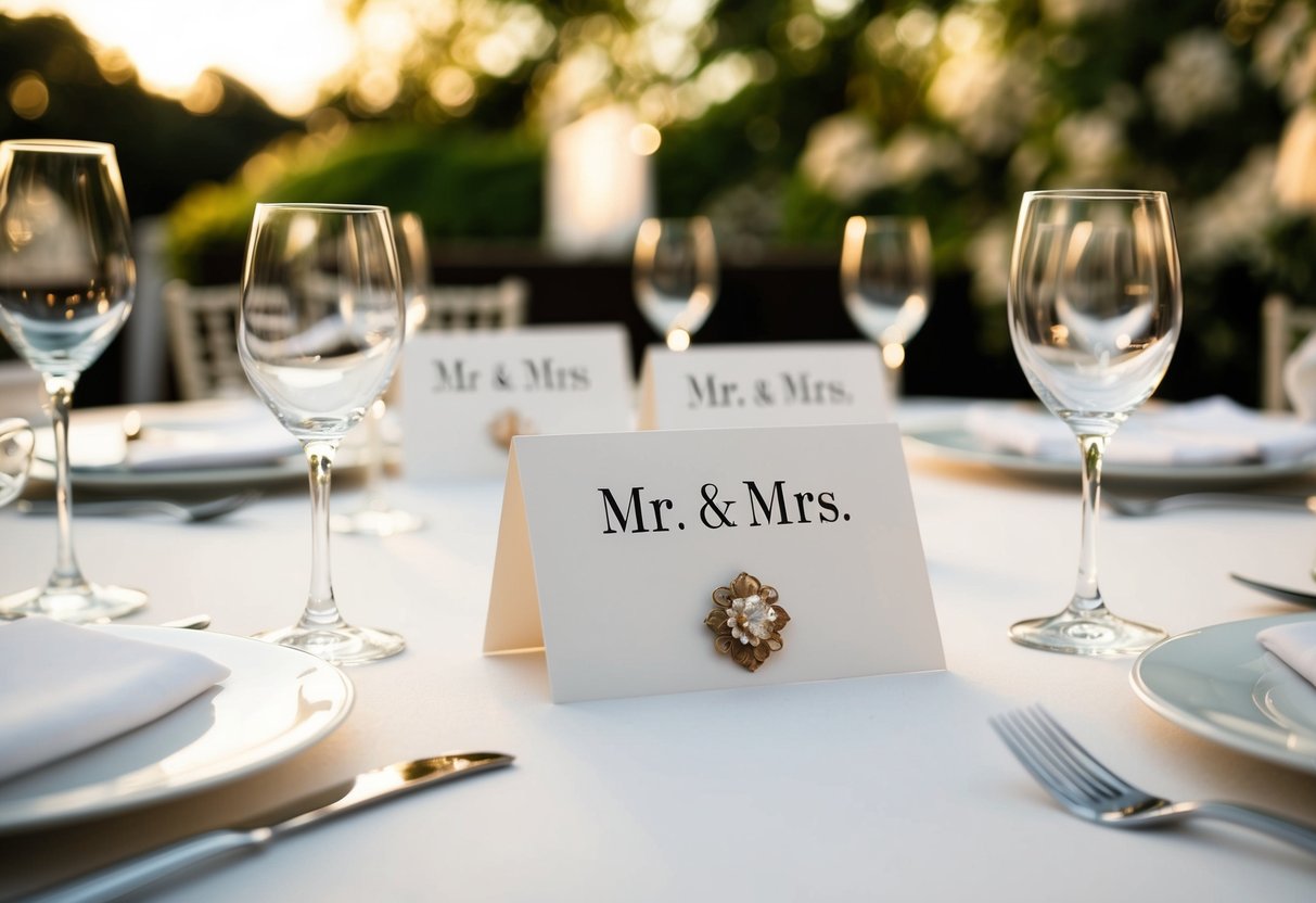 A table set with elegant place cards for a wedding, featuring the titles "Mr." and "Mrs." elegantly displayed
