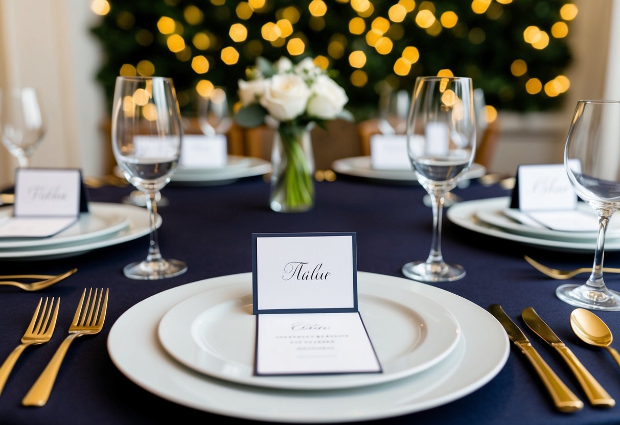 A table set with elegant place cards, each with a different design and space for a name