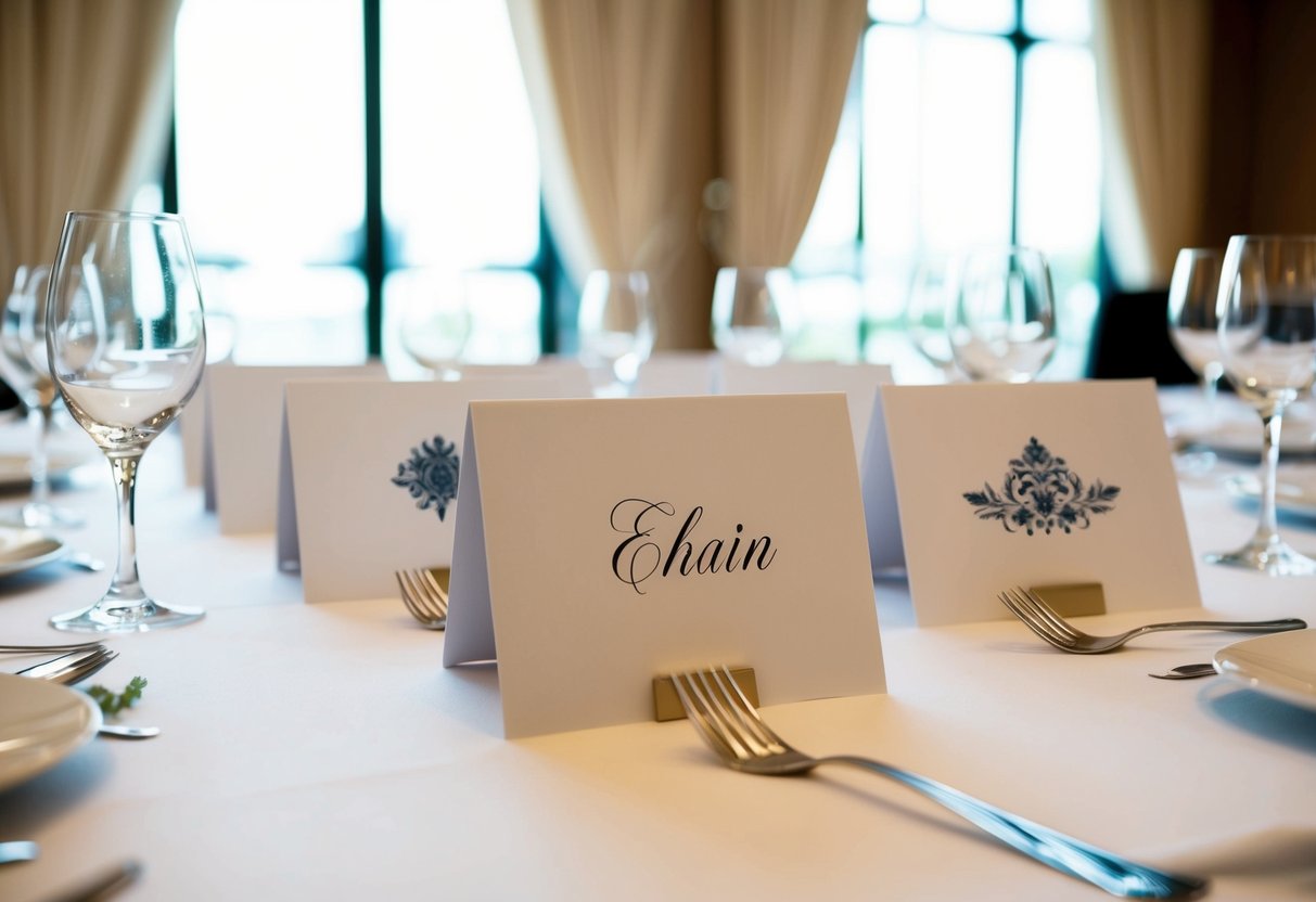 A table set with elegant place cards, each with a different design, arranged neatly in front of each seat
