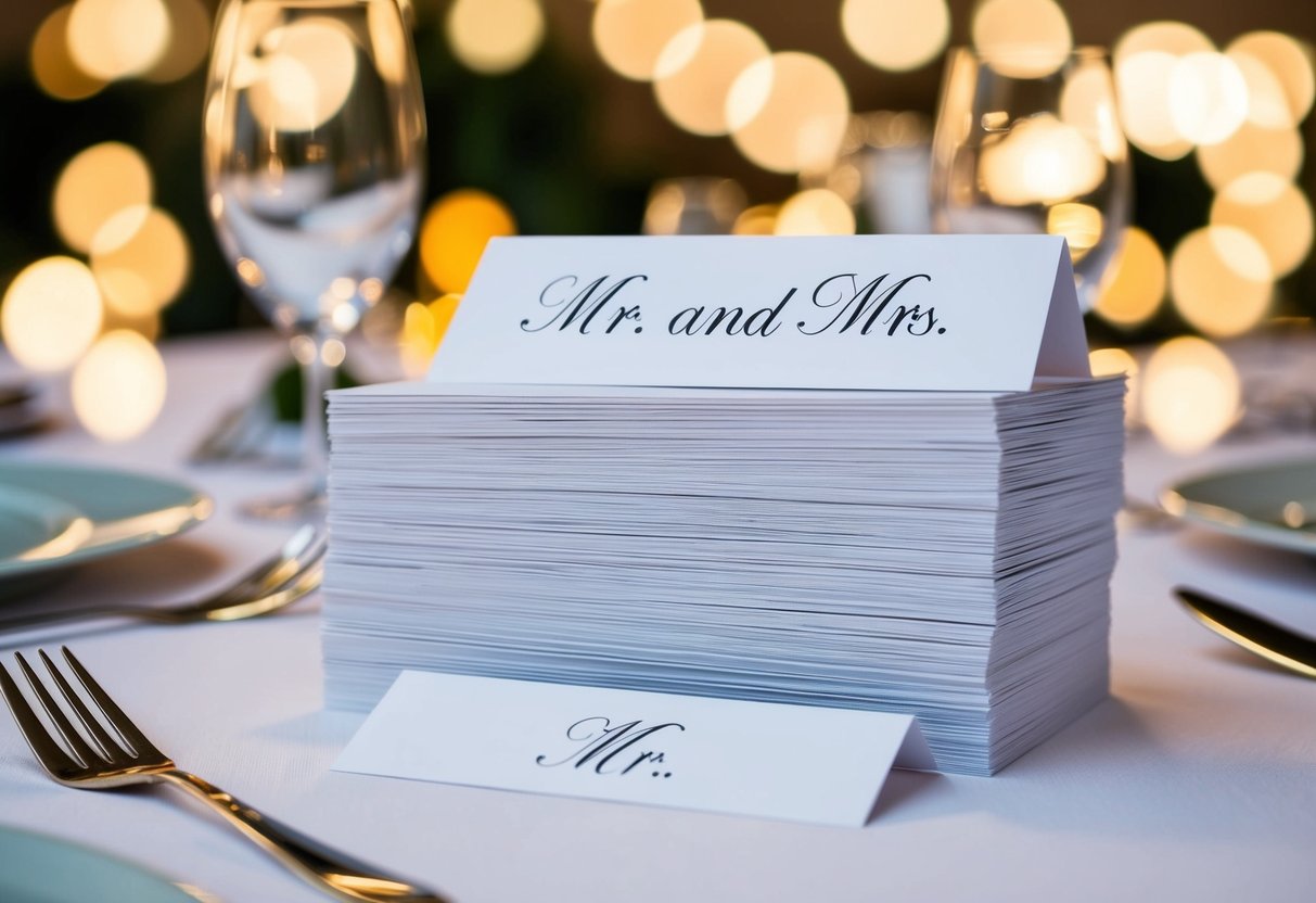 A stack of elegant wedding place cards arranged on a table, with space for "Mr. and Mrs." titles to be written