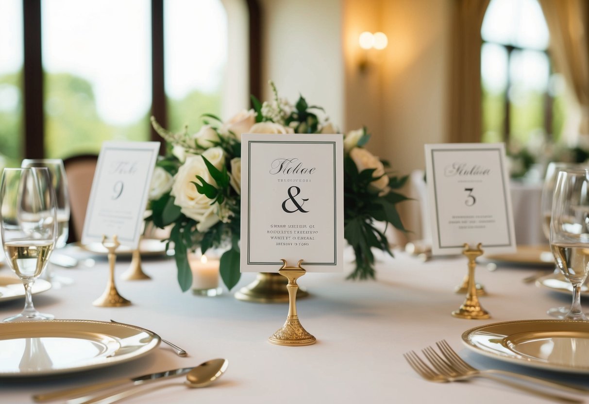 A beautifully decorated table with place cards arranged in elegant holders, indicating the seating arrangements for the wedding reception