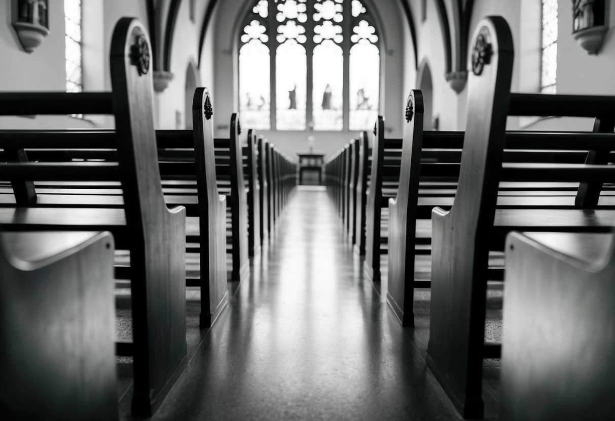 The aisle is deserted, with empty pews on either side, leading back towards the entrance of the church