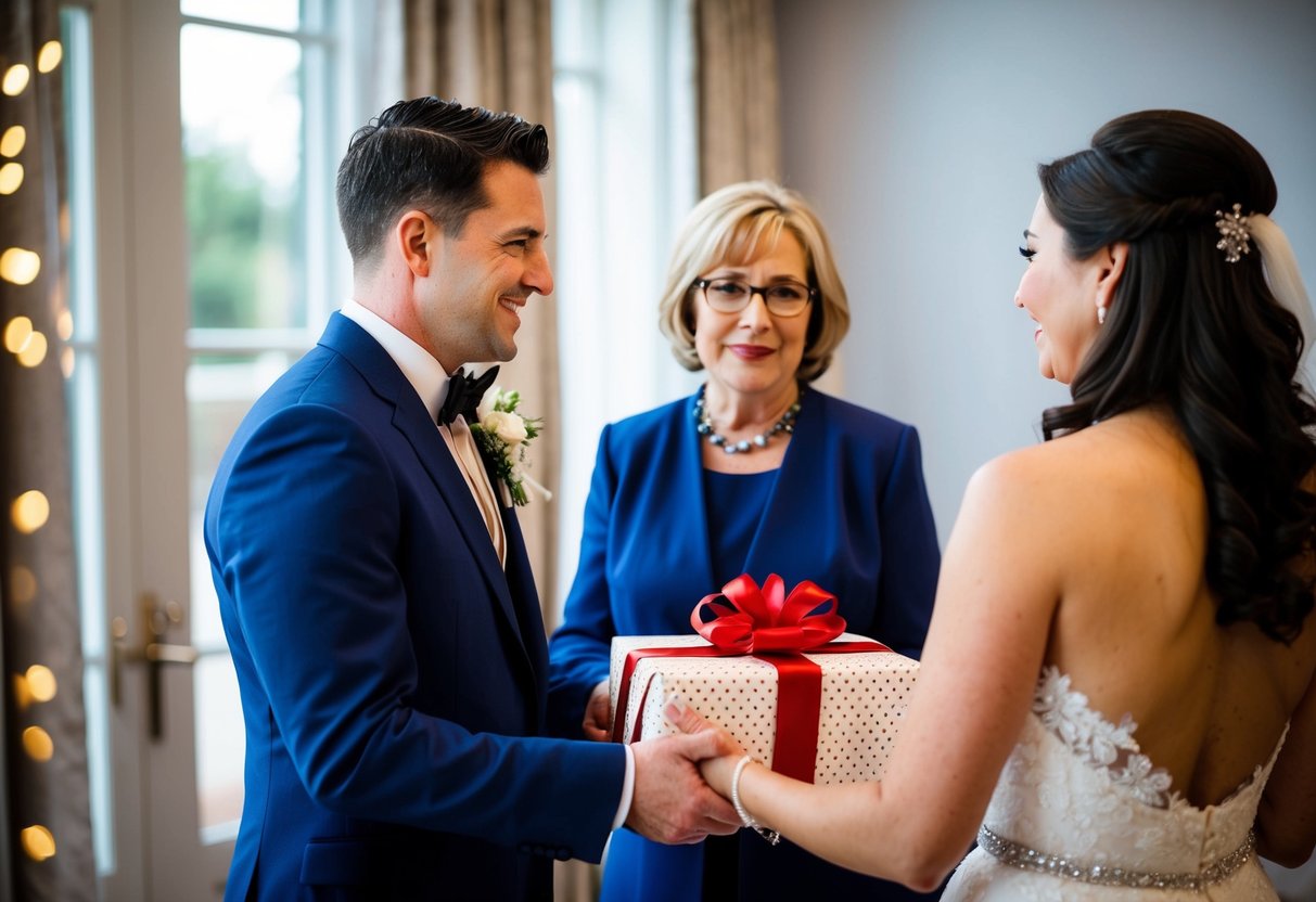 The groom's mother presents a wrapped gift to the bride