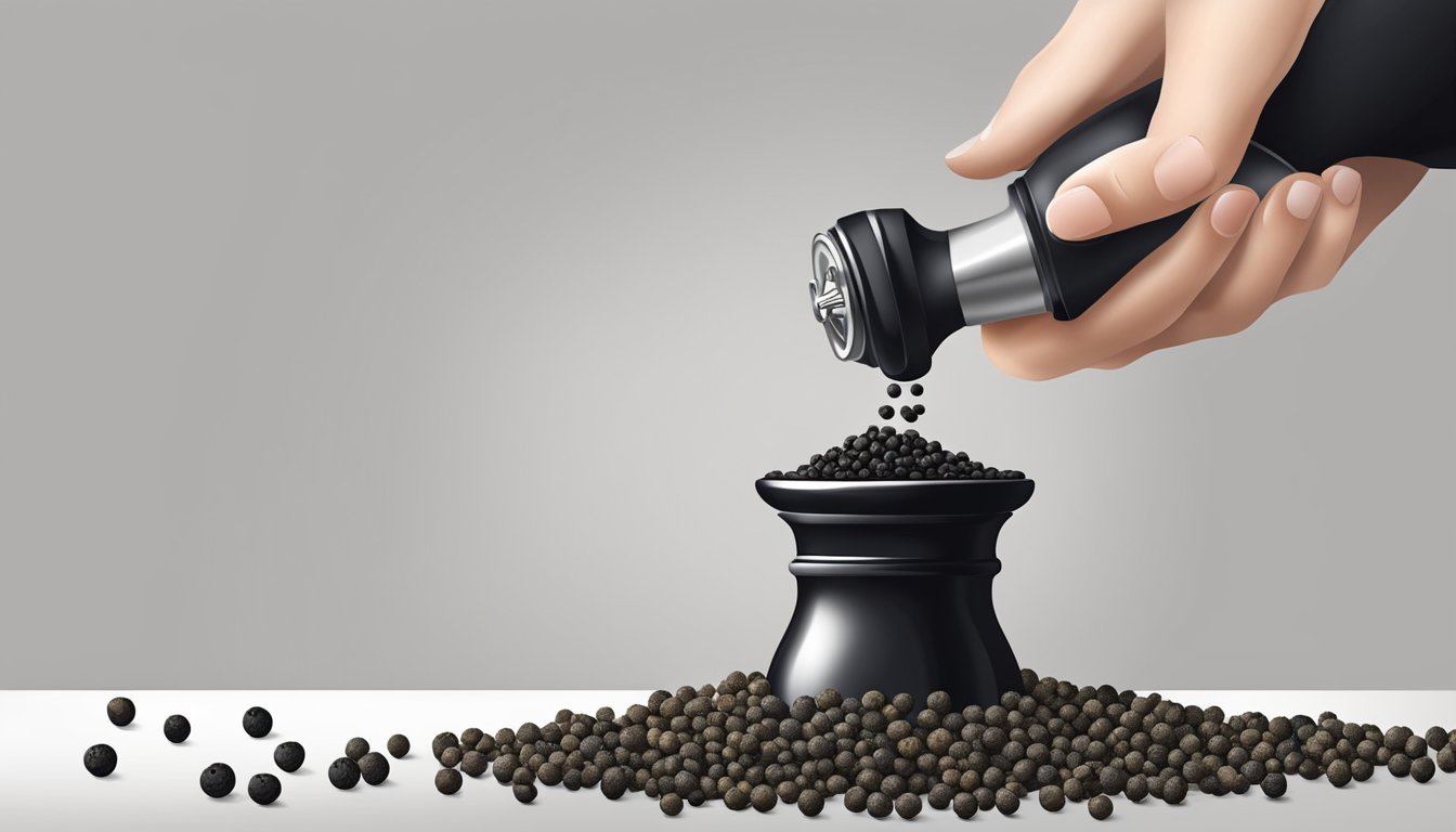 A pepper grinder with black peppercorns pouring out, while a hand swaps in white peppercorns