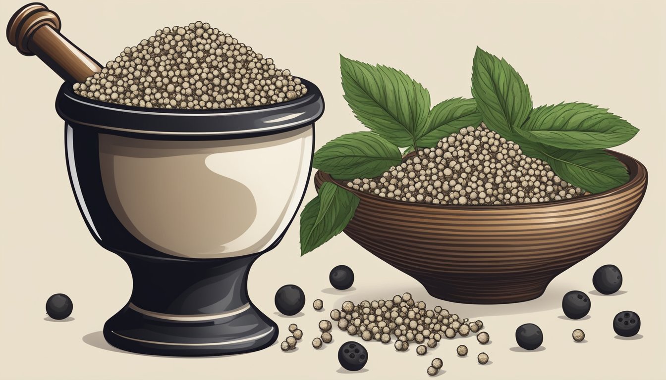 A mortar and pestle crushing white peppercorns, with a bowl of ground black pepper nearby