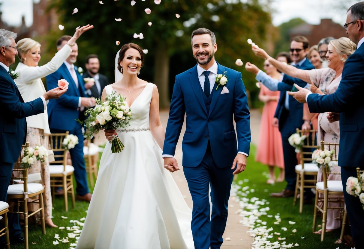 The newlyweds walk arm in arm, smiling, while guests throw rose petals