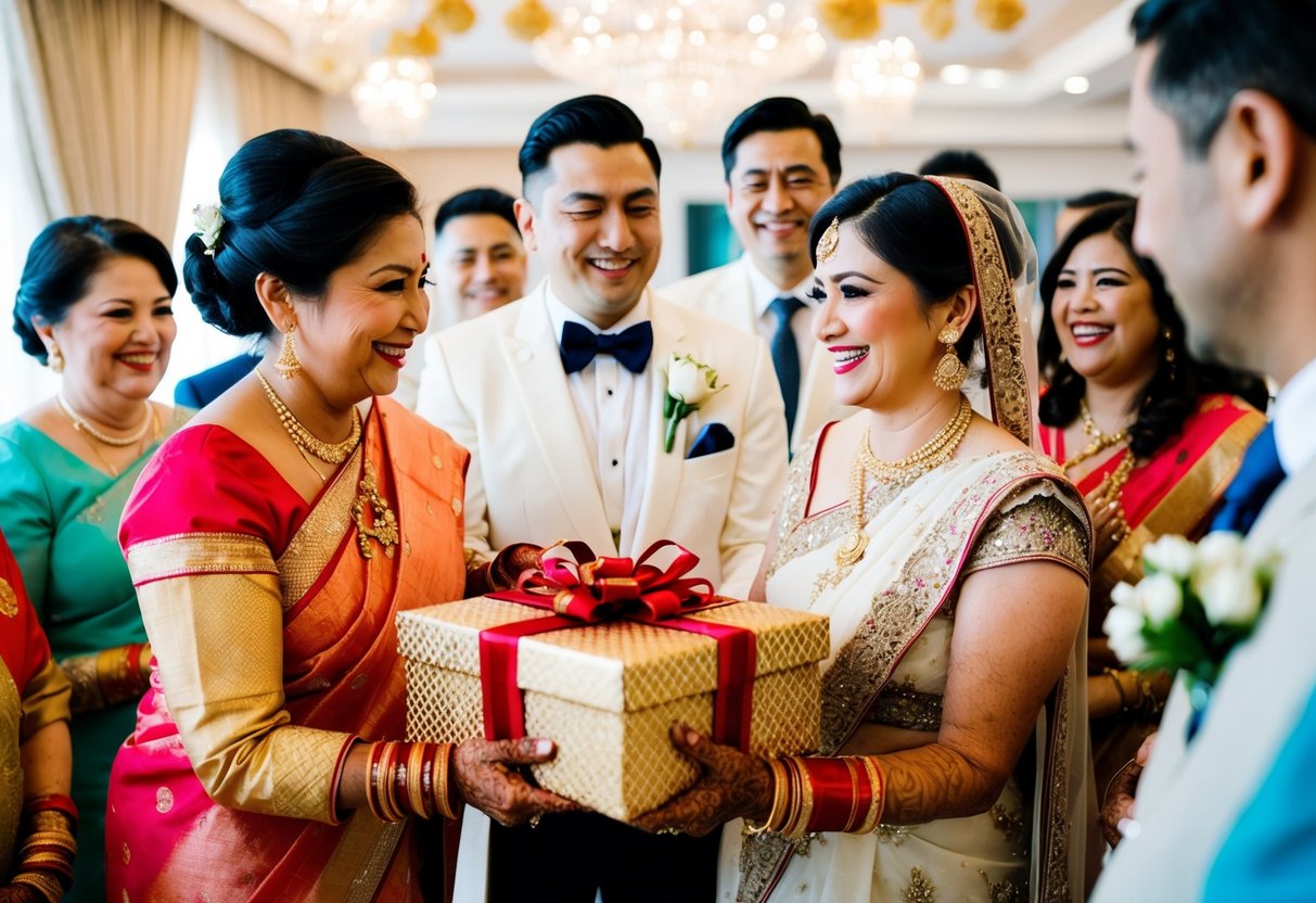 The groom's mother presents a beautifully wrapped gift to the bride during a pre-wedding celebration, surrounded by joyous family members
