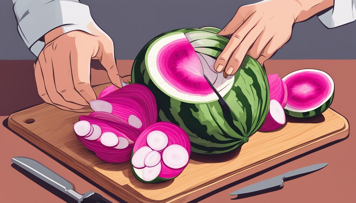 A hand holding a watermelon radish and a daikon radish, with a knife slicing them into thin rounds on a cutting board