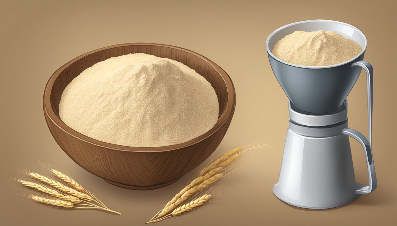 A bag of barley flour sits next to a bowl of wheat flour, with a measuring cup pouring the barley flour into the bowl