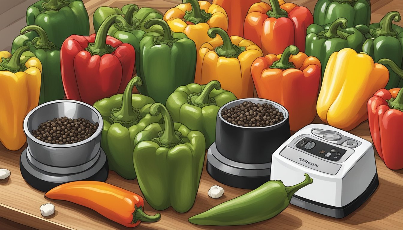 A colorful array of peppers, including white and black varieties, arranged on a kitchen counter next to a spice grinder