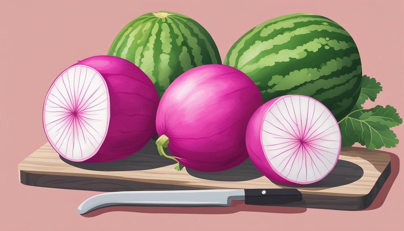 A watermelon radish and daikon radish sit side by side on a cutting board, ready to be sliced and used in a recipe