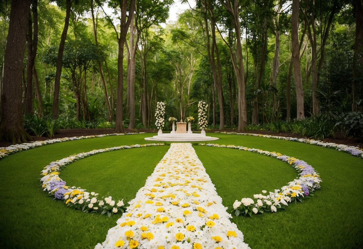 A circular clearing in a lush forest, with a flower-strewn path leading to a central altar under a canopy of trees