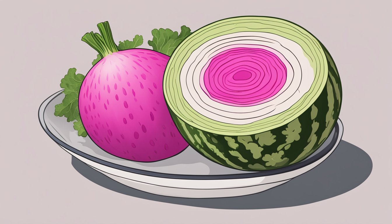 A watermelon radish replaces a daikon radish in a dish, with both radishes shown side by side for comparison