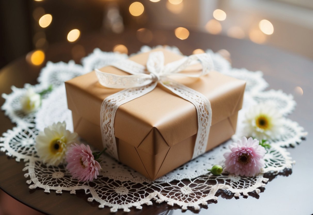 A wrapped gift sits on a table, surrounded by delicate lace and flowers
