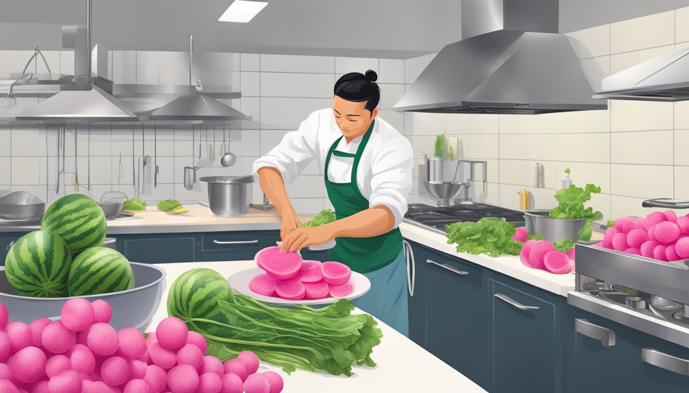 A chef slicing watermelon radish to substitute for daikon in a vibrant, bustling kitchen