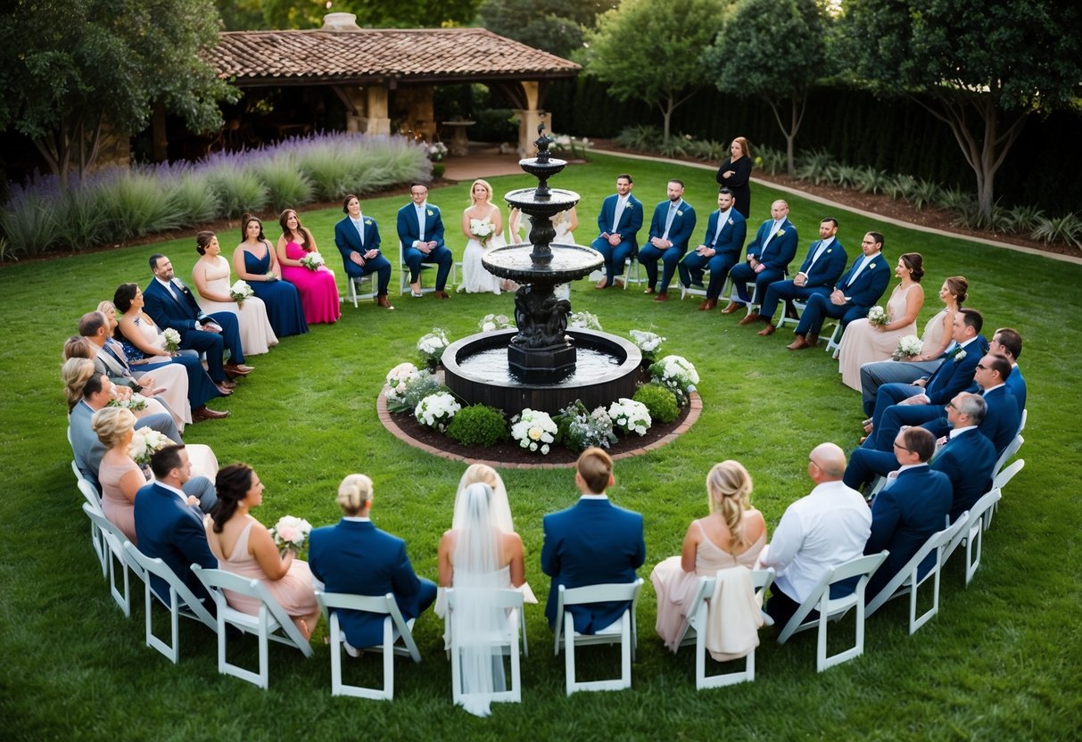 A circular outdoor wedding setup with guests seated around a central focal point, such as a fountain or sculpture, creating a natural gathering space for the ceremony