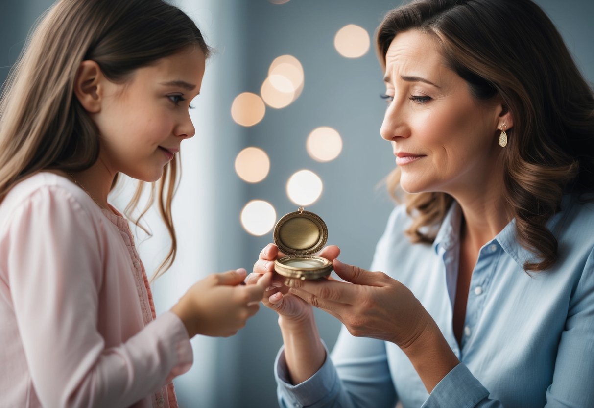 A mother presents a delicate, antique locket to her daughter, with tears in her eyes