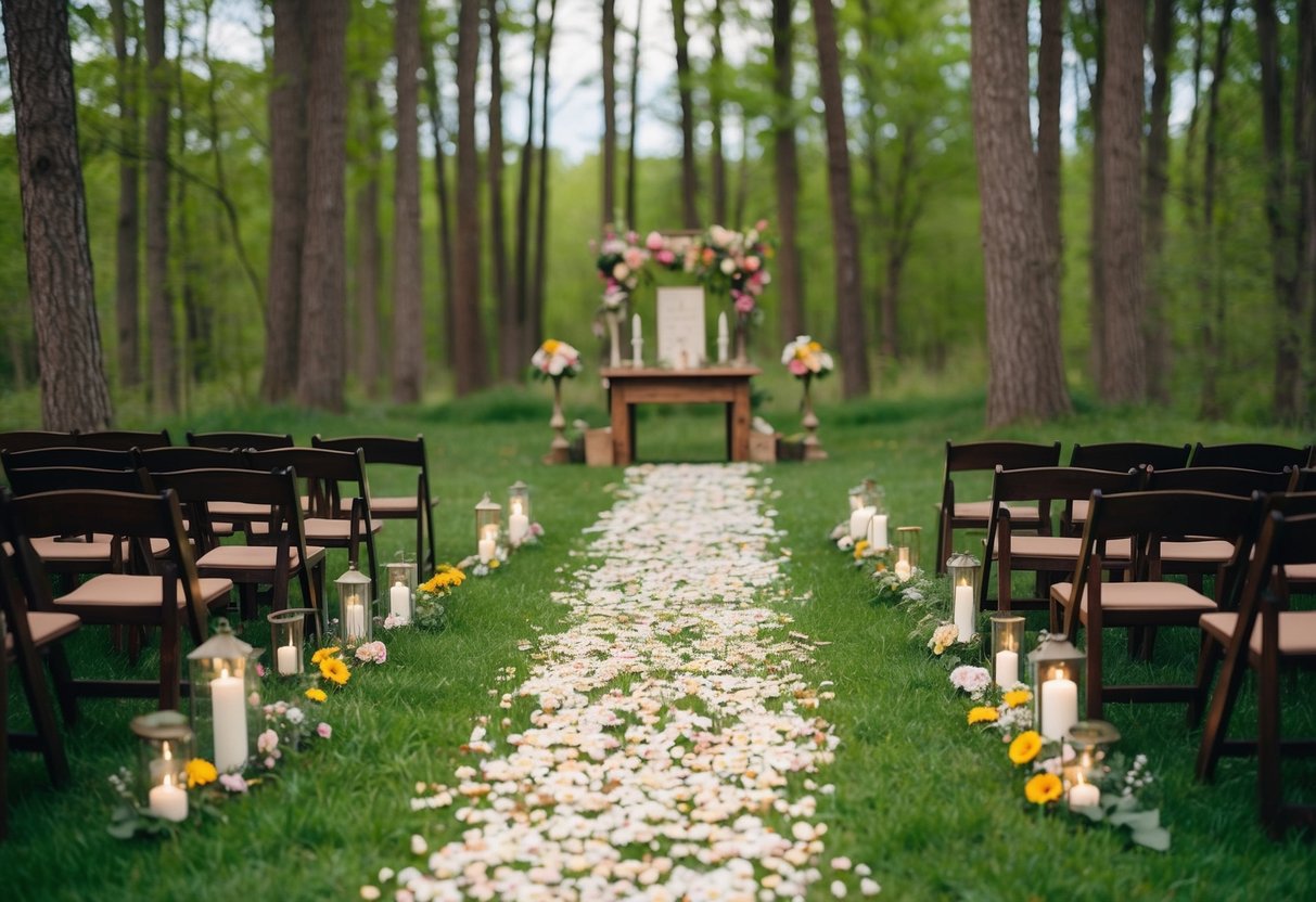 A flower-strewn path winds through a forest clearing, leading to a rustic altar adorned with meaningful symbols and sentimental touches