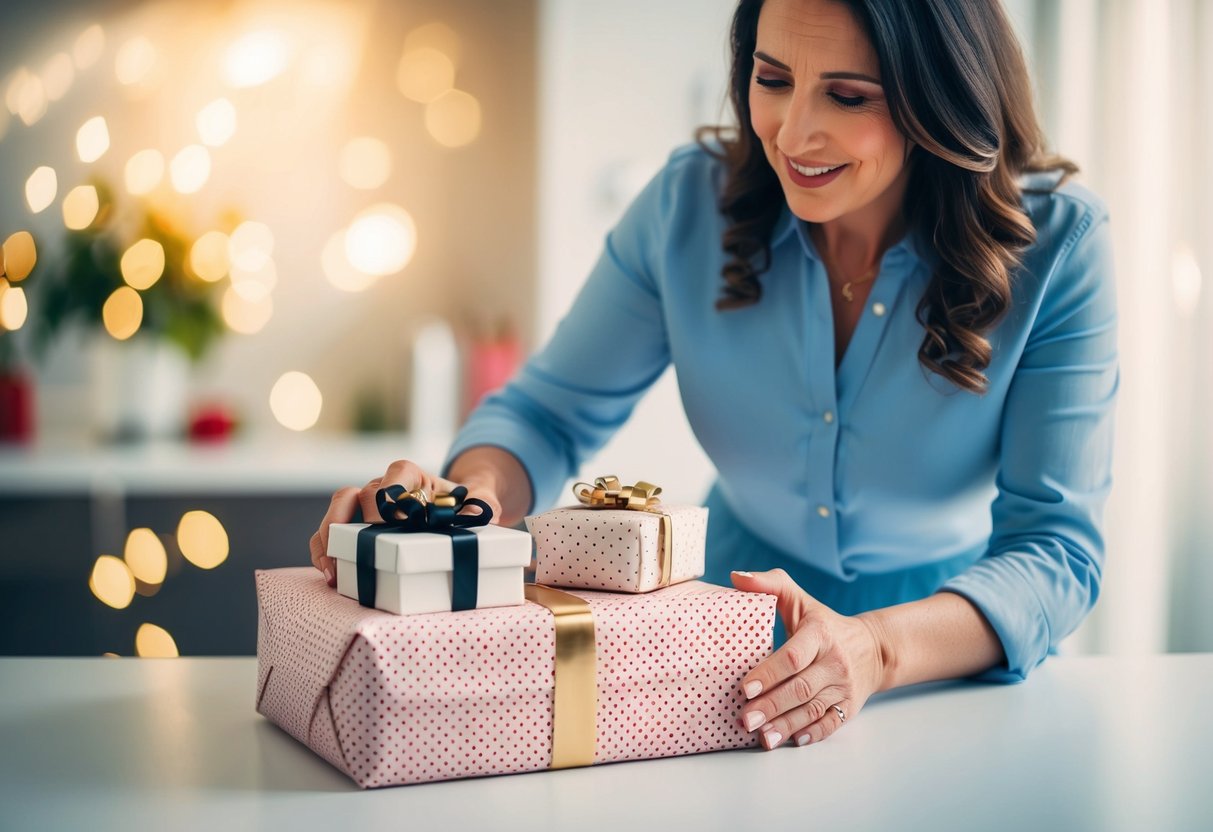 A mother carefully wraps a gift box, filled with practical and thoughtful wedding presents for her daughter