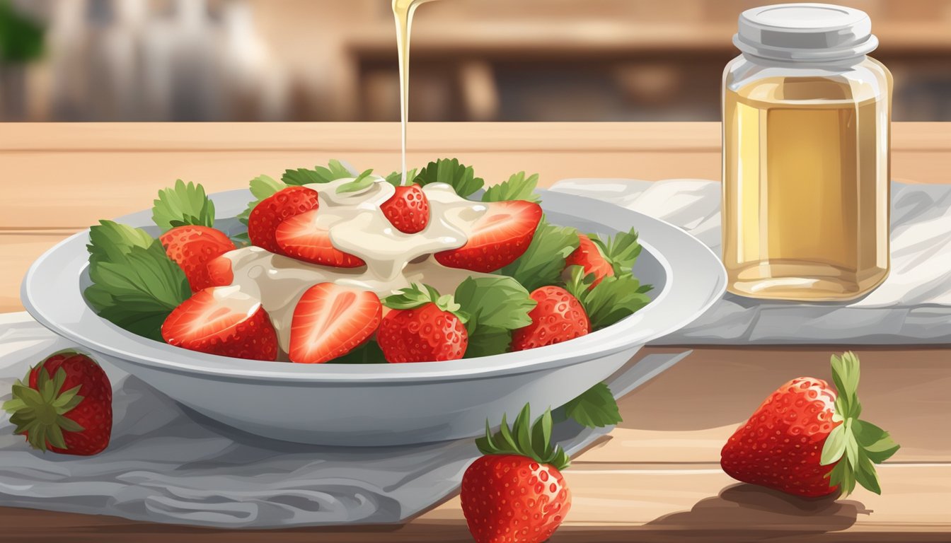 A bottle of white balsamic vinegar sits next to a bowl of fresh strawberries, a drizzle of vinegar on top. A salad with white balsamic dressing is being served on a wooden table