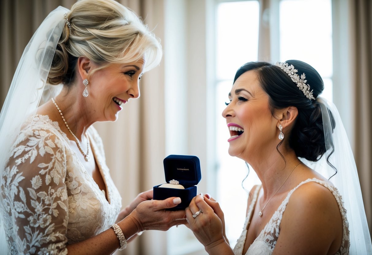 The mother of the bride presents a delicate jewelry box to her daughter, who is overcome with emotion on her special day