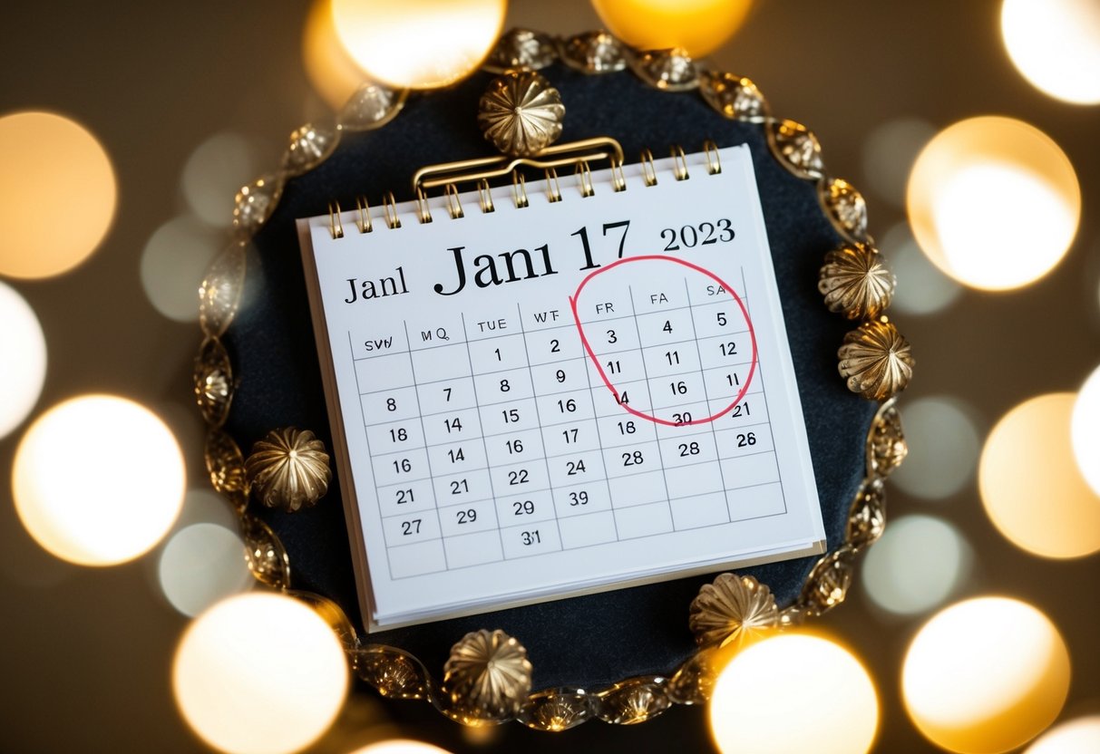 A calendar with a circled date, surrounded by decorative elements