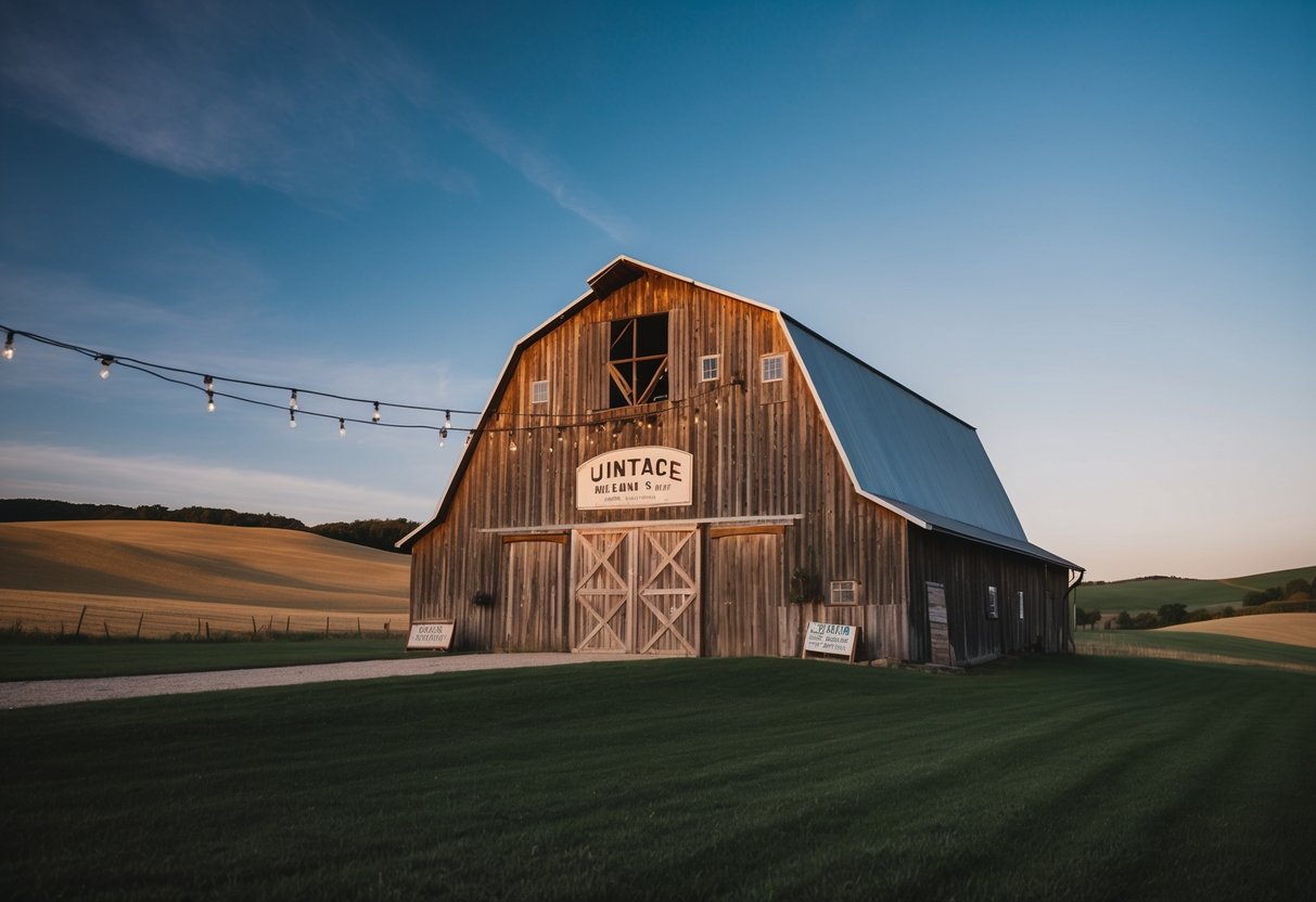 A rustic barn with string lights and a vintage sign, surrounded by rolling hills and a clear blue sky