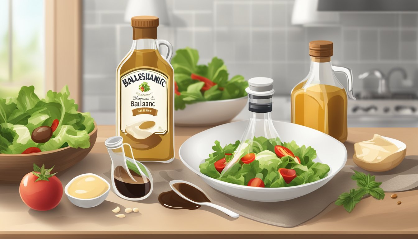 A bottle of white balsamic vinegar is being poured into a dish of salad dressing, with a regular balsamic vinegar bottle nearby. Ingredients for the dressing are laid out on a kitchen counter