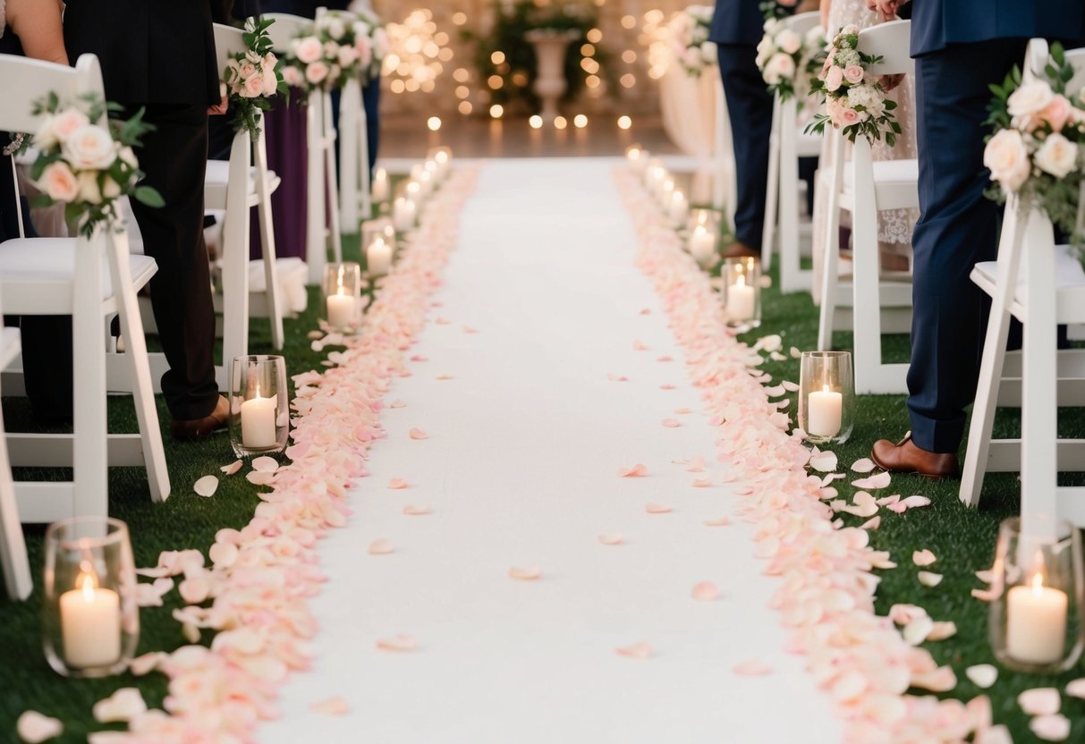 A wedding aisle lined with rose petals, creating a romantic and elegant pathway for the bride and groom