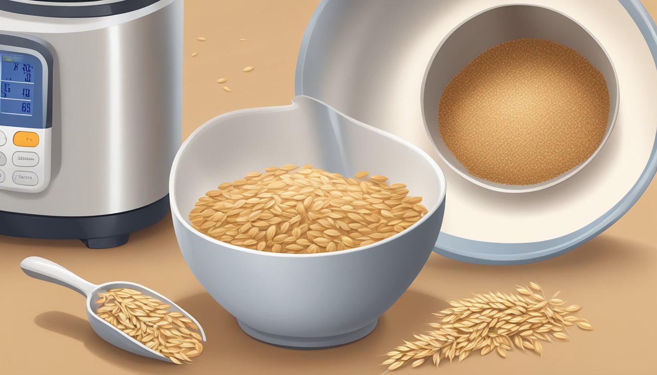 A bowl of wheat bran next to a bowl of oat bran, with a measuring cup pouring wheat bran into a mixing bowl