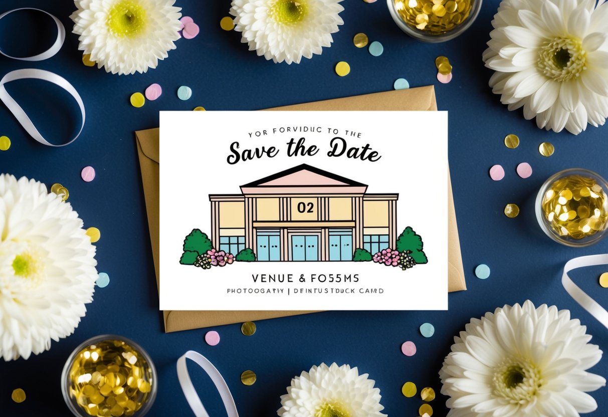 A save the date card with a venue illustration, surrounded by decorative elements like flowers, ribbons, and confetti