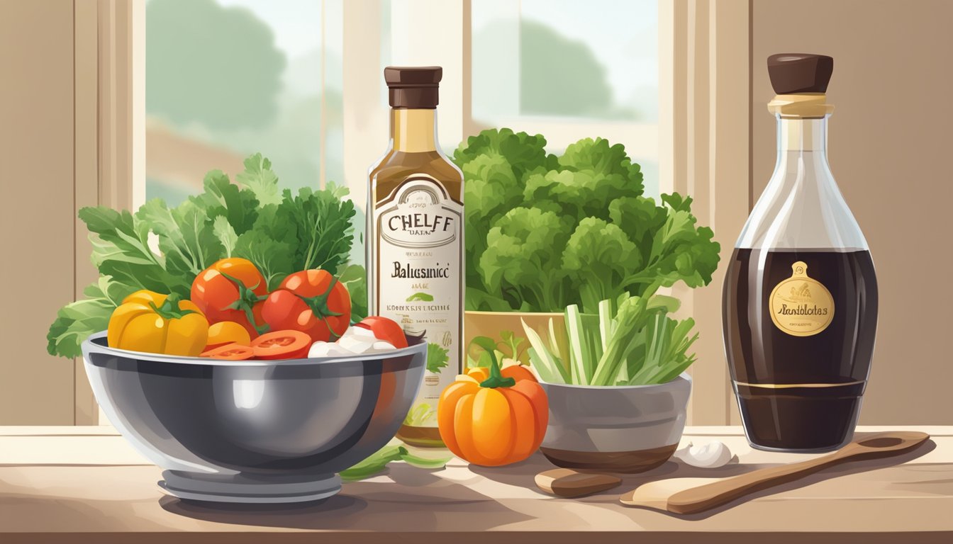 A chef pours white balsamic vinegar into a measuring cup, next to a bottle of regular balsamic vinegar. A bowl of fresh vegetables sits nearby