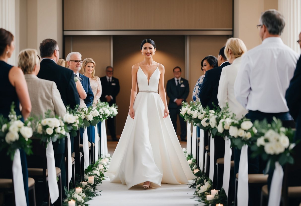 A lone figure walks down the aisle, radiating confidence and grace