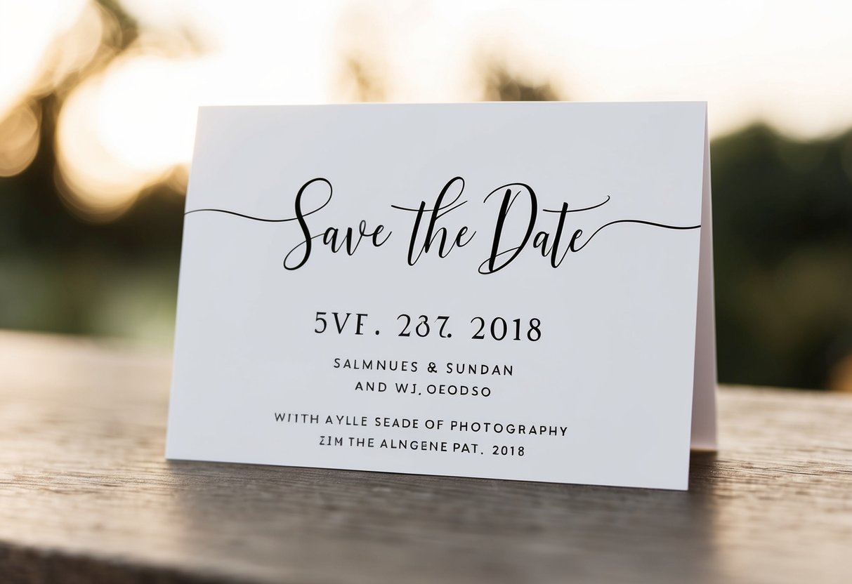 A save the date card with a simple, elegant design featuring the date and location of the event