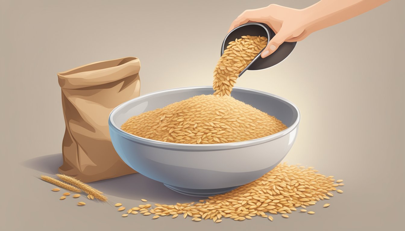 A mixing bowl filled with wheat bran being poured into a measuring cup, while a bag of oat bran sits nearby