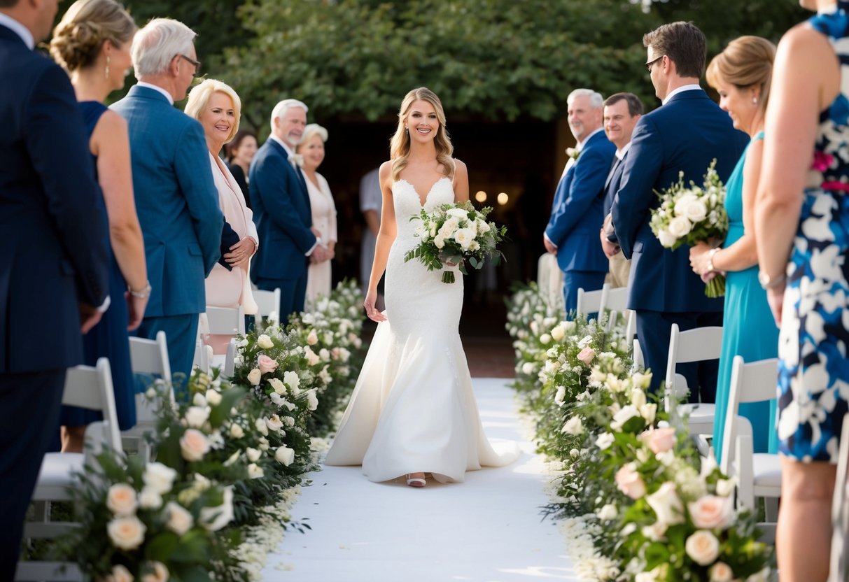 A woman walks down a flower-lined aisle, surrounded by family and friends, as she makes her way to the front of the ceremony