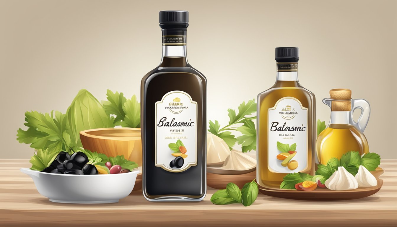 A bottle of white balsamic vinegar next to a bottle of regular balsamic vinegar, with various dishes and ingredients in the background