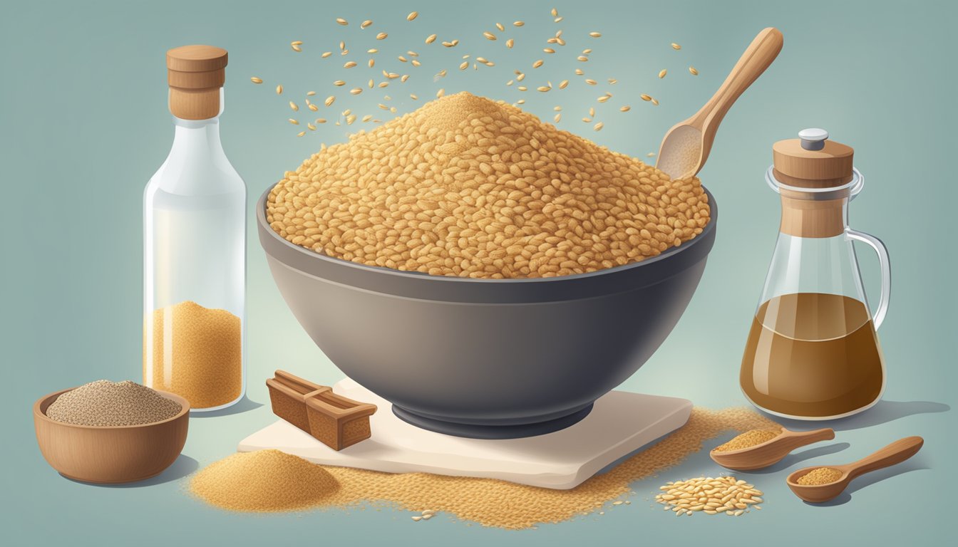 A bag of wheat bran being poured into a mixing bowl surrounded by baking ingredients