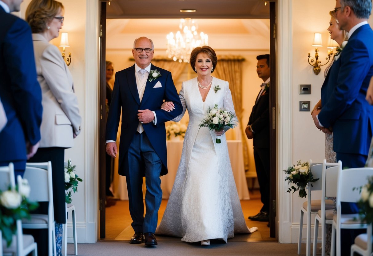 A figure in elegant attire stands at the entrance, ready to escort the mother of the bride down the aisle