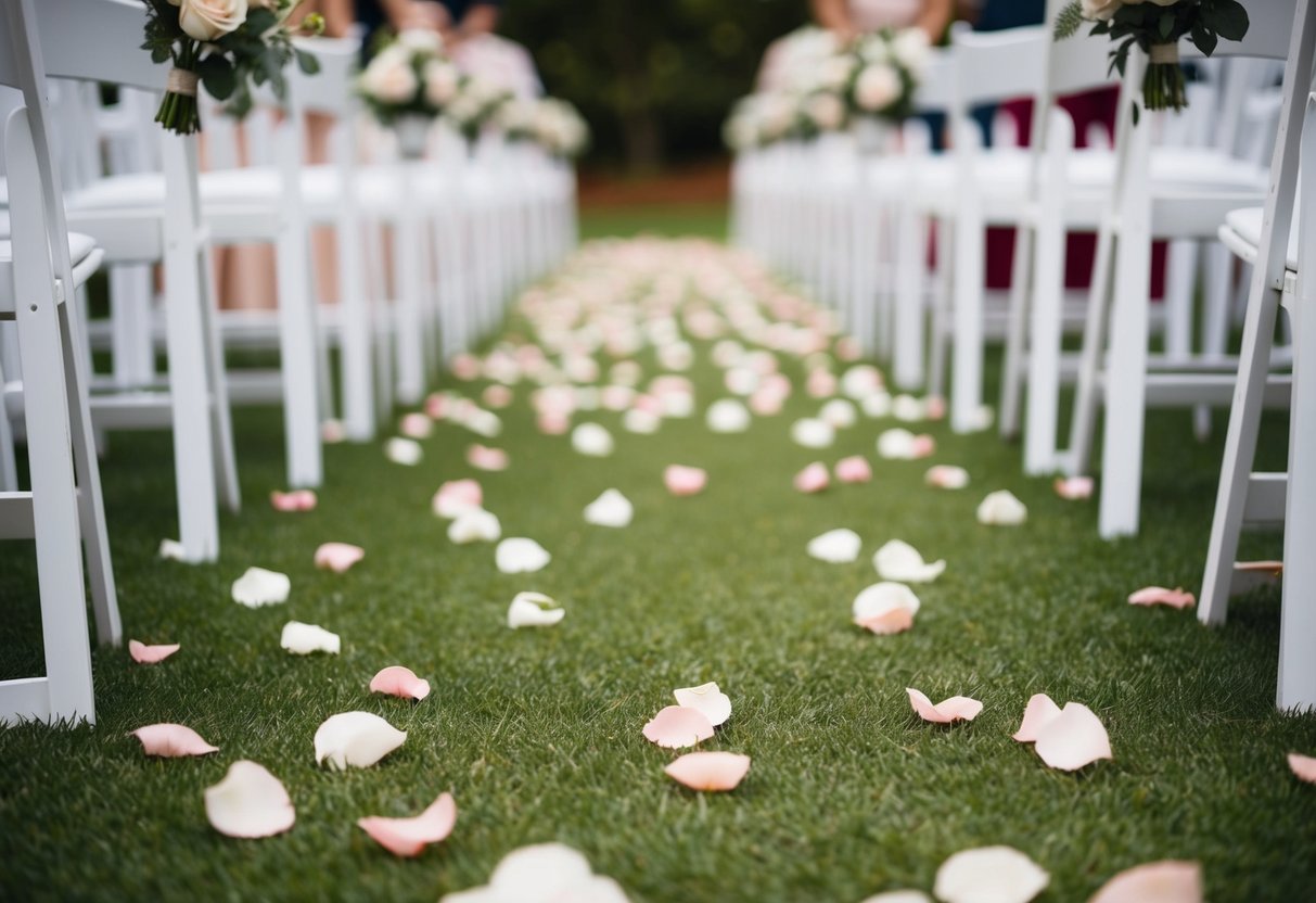 A wedding aisle lined with scattered rose petals