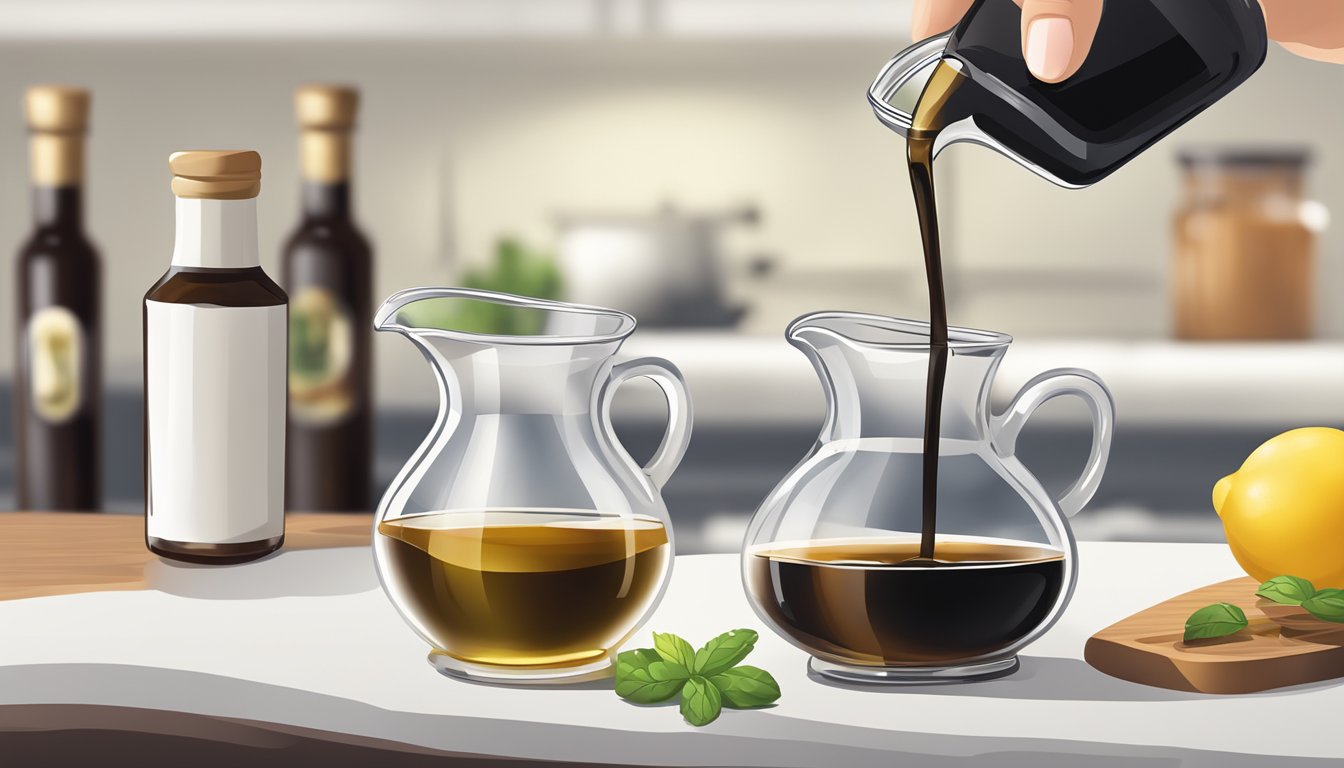 A bottle of white balsamic vinegar being poured into a measuring cup, with regular balsamic vinegar in the background