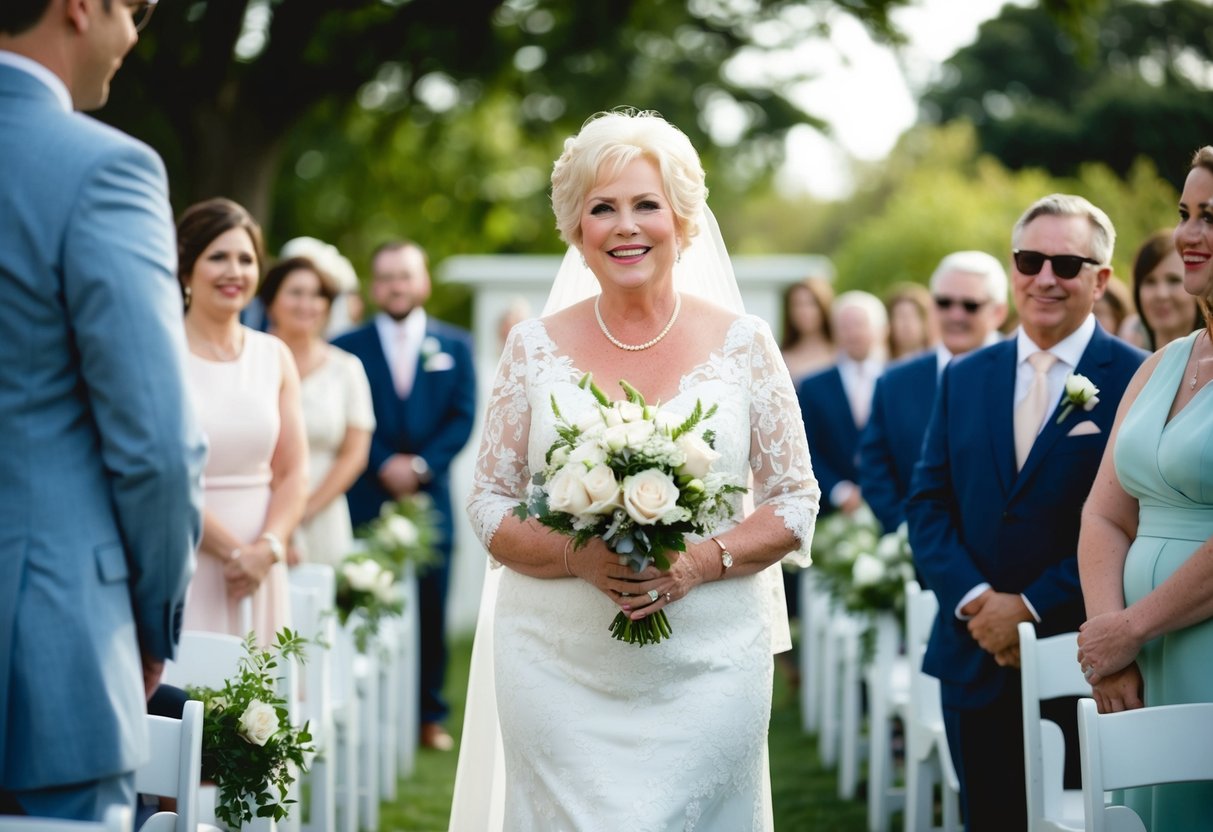 The mother of the bride walks gracefully down the aisle, radiating pride and joy
