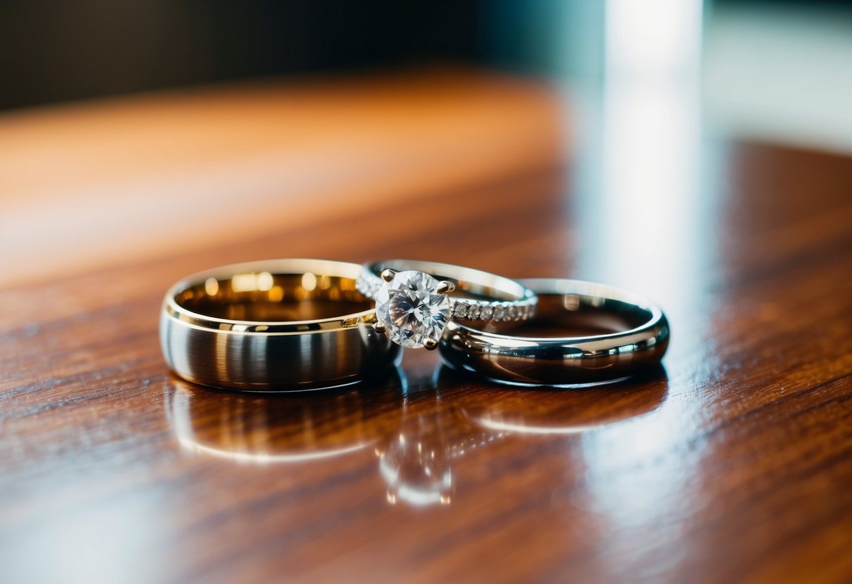 A wedding band and engagement ring sit side by side on a polished wooden surface, catching the light