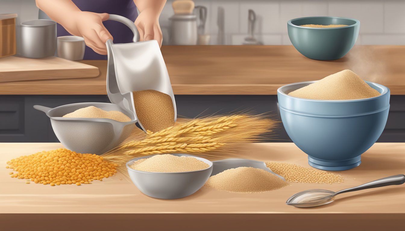 A baker pours wheat bran from a bag into a measuring cup, then adds it to a mixing bowl of ingredients