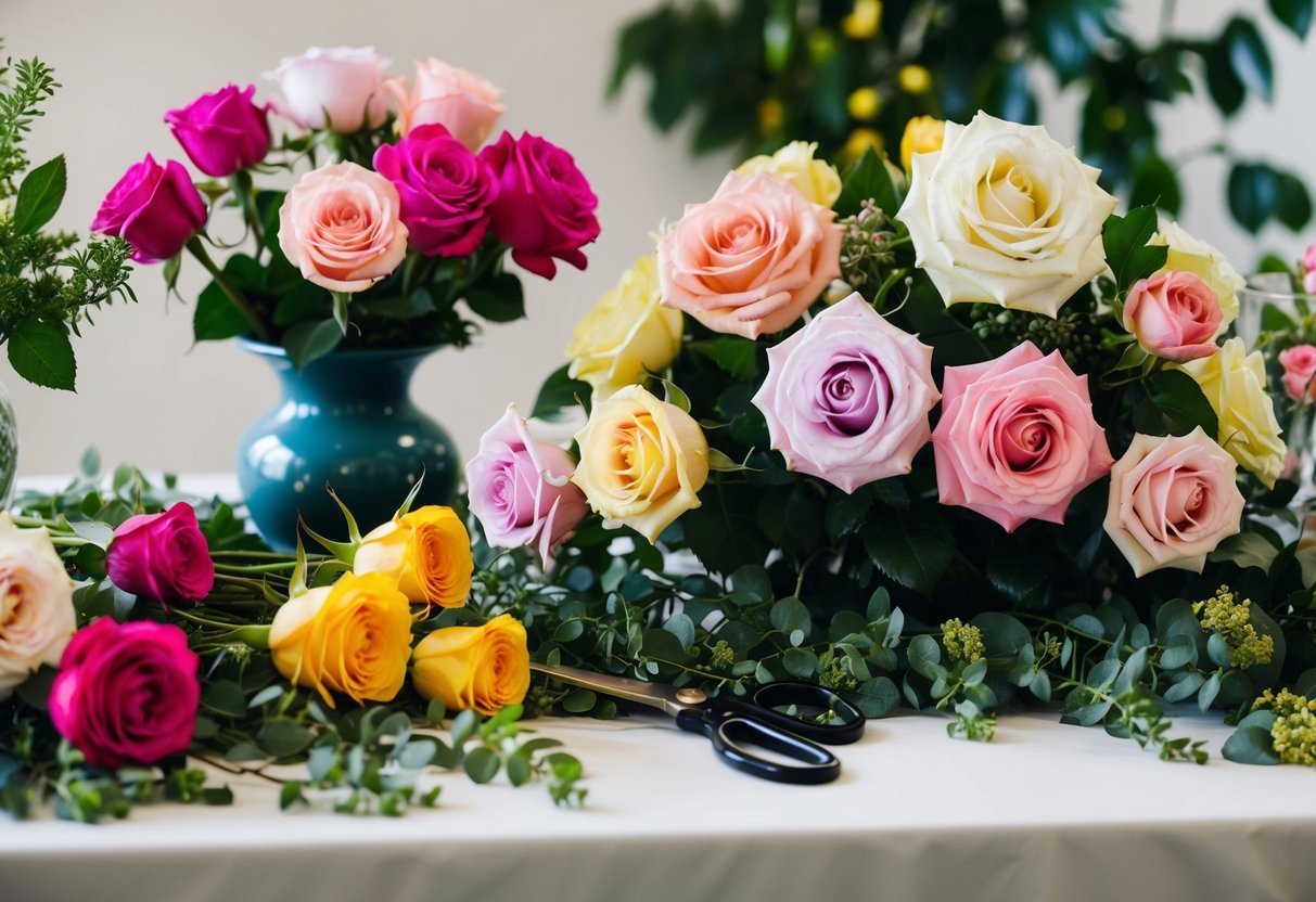 A table with a variety of roses in different colors and sizes, surrounded by greenery and other flowers, with a pair of scissors and a vase nearby