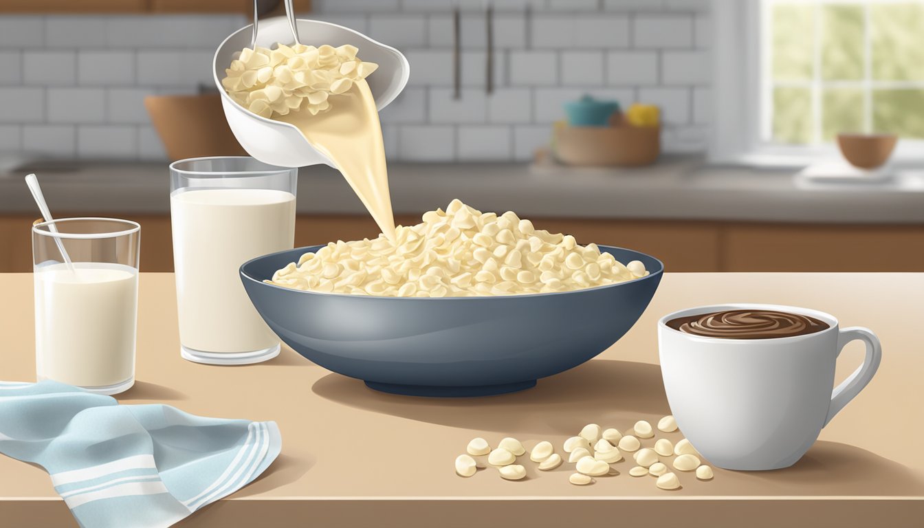 A bowl of melted white chocolate being poured into a recipe alongside a bag of milk chocolate chips on a kitchen counter