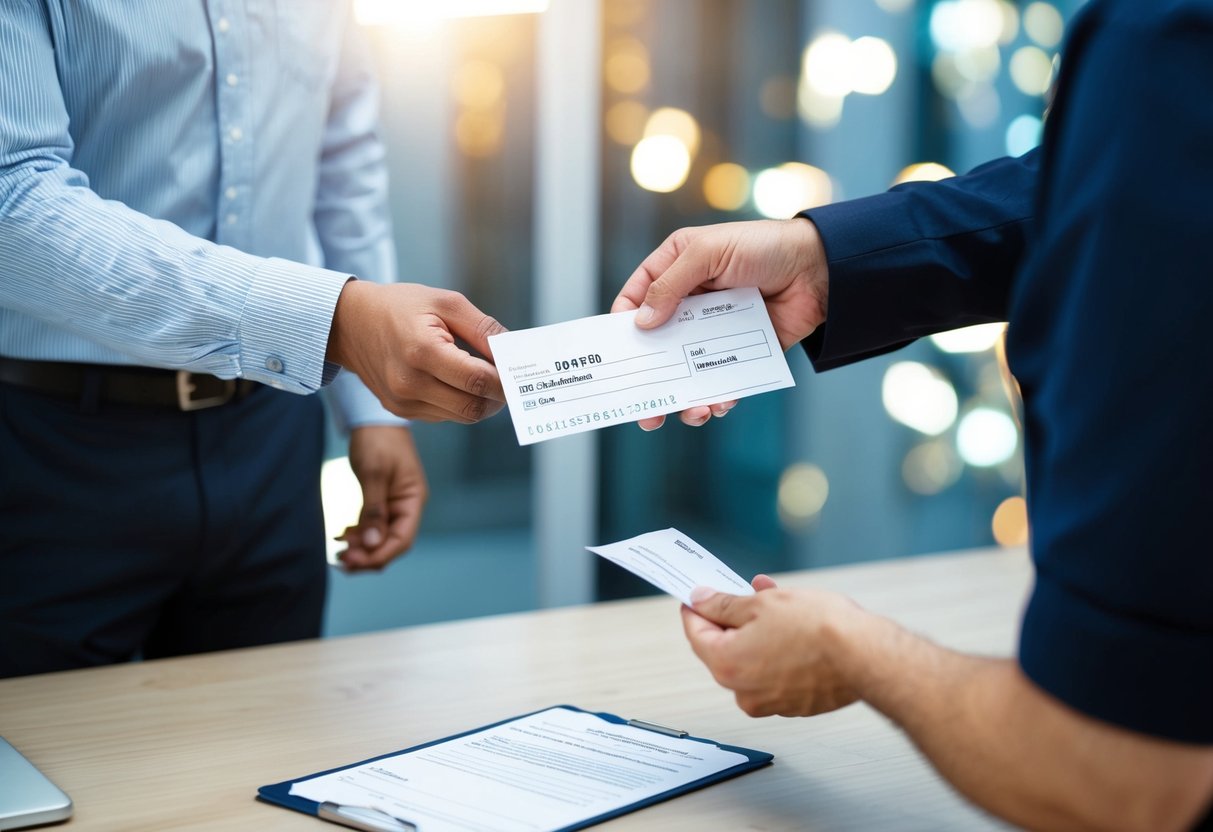 A man handing over a check to another person