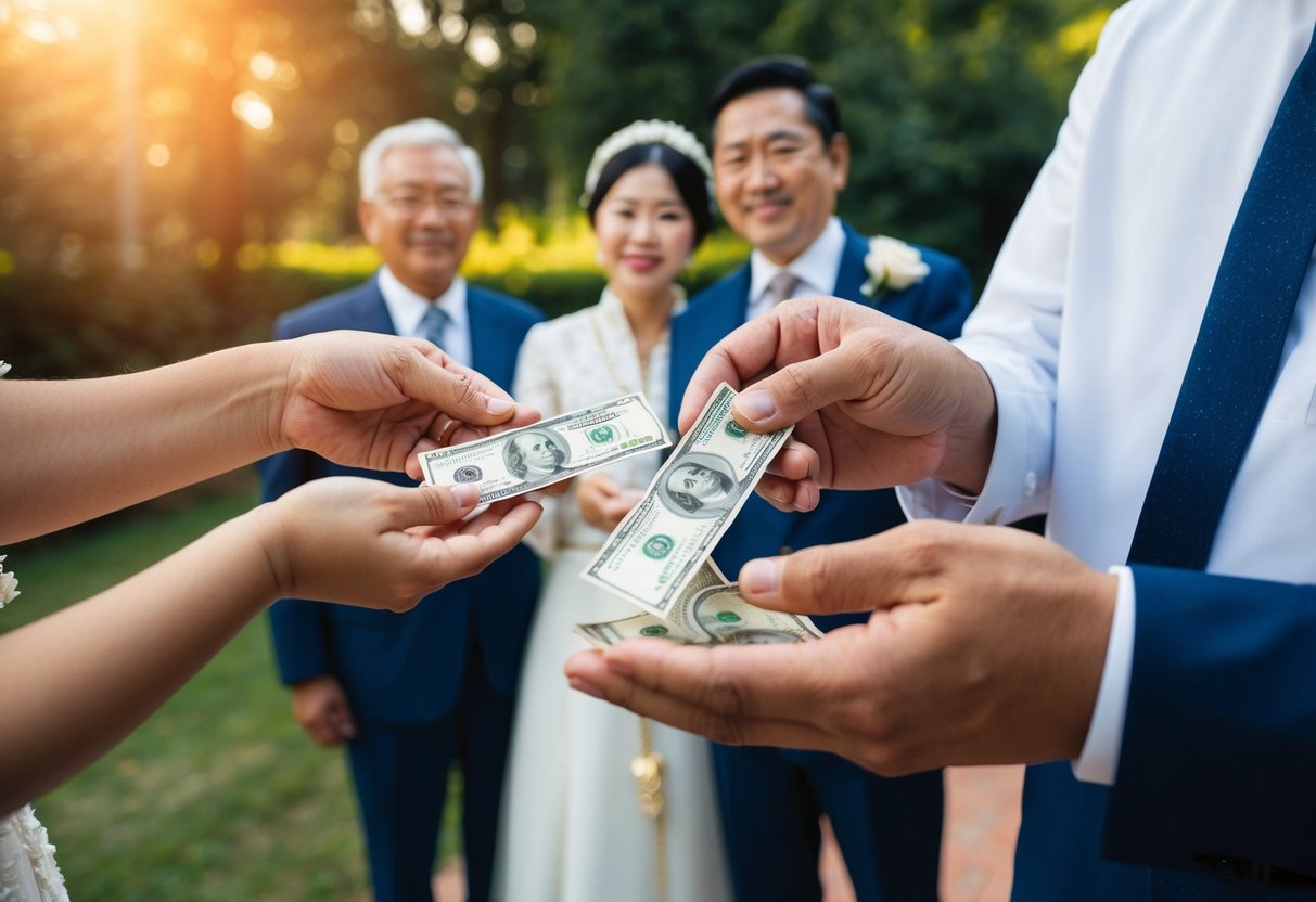 A traditional family handing over money to a modern couple planning their wedding