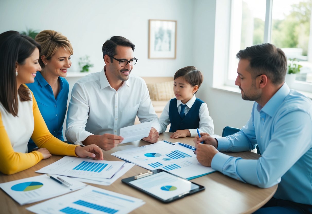 A family sitting around a table discussing wedding plans and finances. A wedding budget and financial documents are spread out on the table