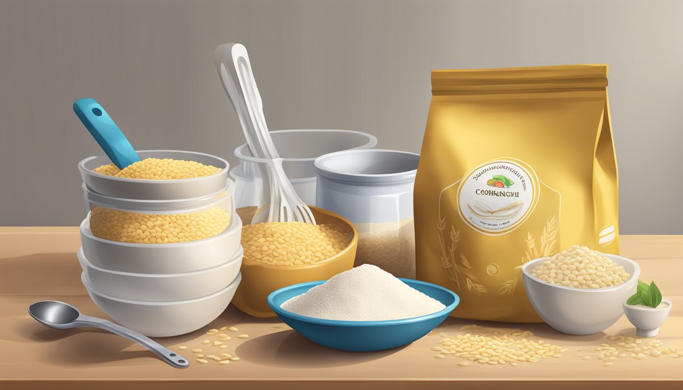 A kitchen counter with a bag of wheat starch and a bag of cornstarch, with measuring spoons and bowls nearby